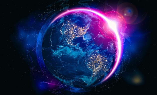 Globalne połączenie sieciowe pokrywające ziemię liniami innowacyjnej percepcji