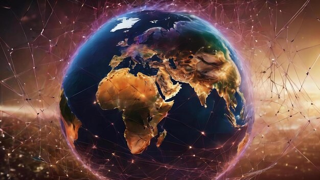 Globalne połączenie sieciowe pokrywające ziemię liniami innowacyjnej percepcji