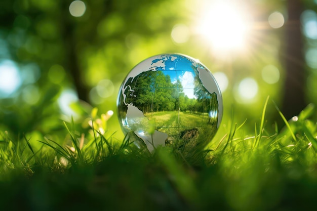 Globe in Green Natures Harmony Szklana kula otoczona bujną zielenią