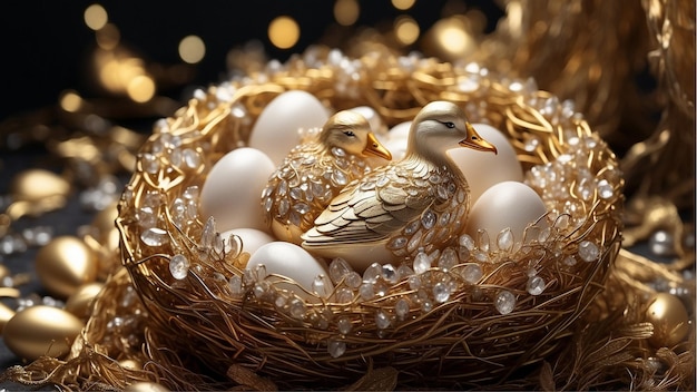 Zdjęcie gloden jajko w gnieździe z złotym piórkowym ptakem
