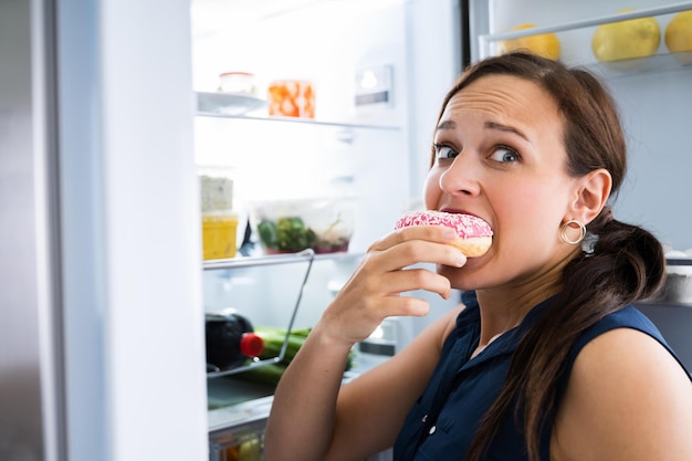 Głodna młoda kobieta je pączki