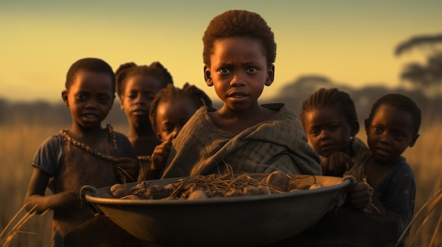 Głodne afrykańskie dzieci błagają o jedzenie Portret niedożywienia dzieci uchodźców Ubóstwo w Afryce biedne twarze dzieci portret