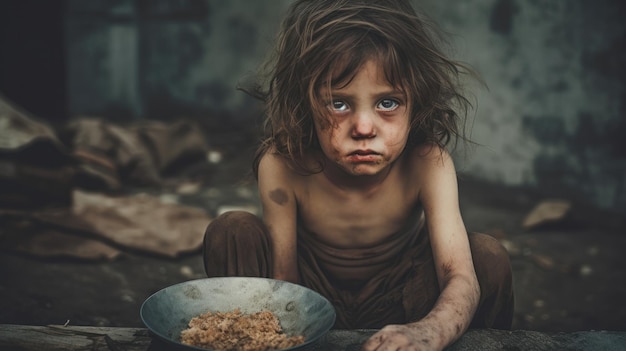 Głodne, głodne, biedne małe dziecko patrzące w kamerę
