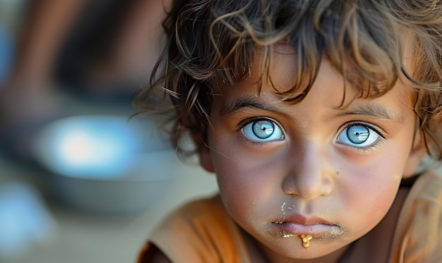 Zdjęcie głodne, głodujące, biedne dziecko patrzące w kamerę.