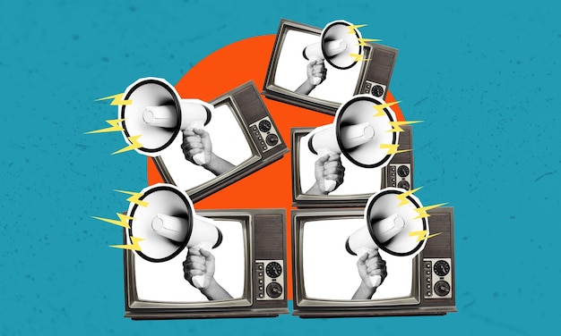 Zdjęcie głośnik tv kolaż sztuki na niebieskim tle