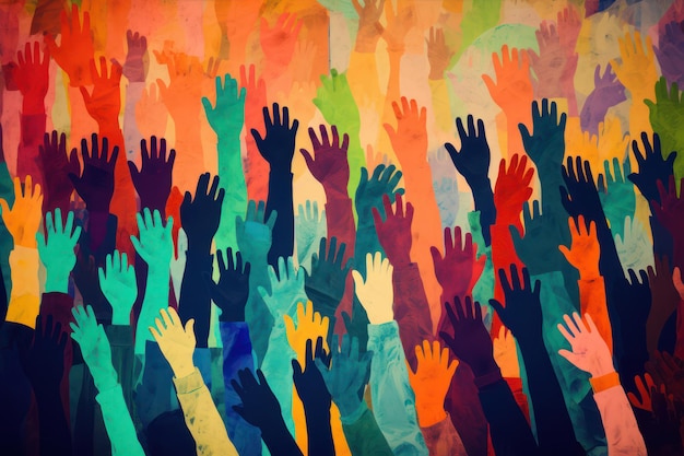 Głosuj na pomoc Silhouette Tłum wolontariuszy z podniesionymi rękami w kolorowej ilustracji graficznej