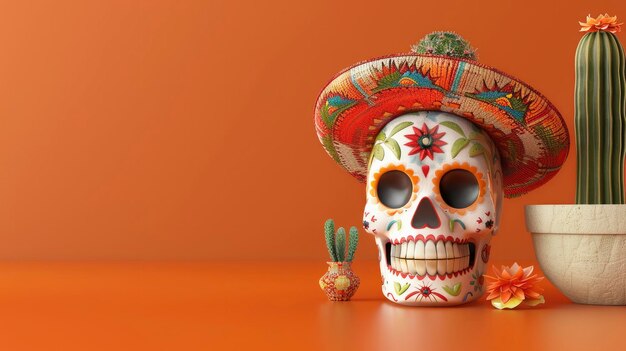 Głowa czaszki cukrowej na pomarańczowym tle z kapeluszem sombrero i kaktusem