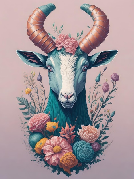 Głowa kozy z rogami i kwiatami