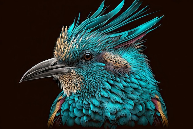 Głowa królewskich ptaków z jasnymi turkusowymi piórami na ciemnym tle generatywnego ai