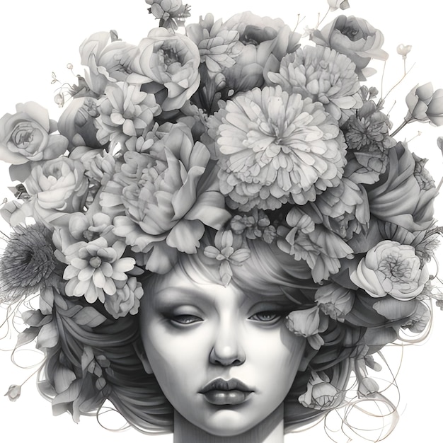 Głowa kwiatowa Głowa kwiatów Twarz kwiatów Kwiaty na włosach rysunek czarny i biały