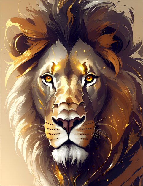 Głowa lwa jest pokazana na złotym i brązowym tle.