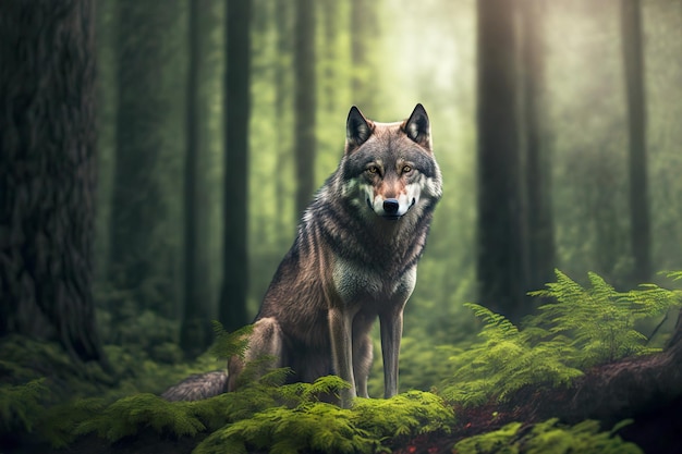 Głowa myśliwego szarego wilka śledząca zdobycz w lesie