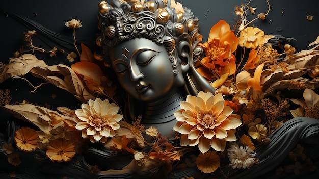 Głowa Pana Buddy w profilu ze złotymi kwiatami i mandalą na ciemnoszarym tle