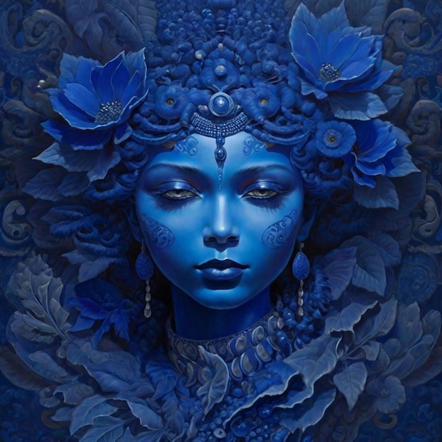 Głowa pięknej kobiety z niebieskimi kwiatami na niebieskim tle