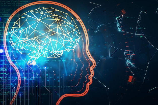 Głowa robota i cyfrowy hologram mózgu