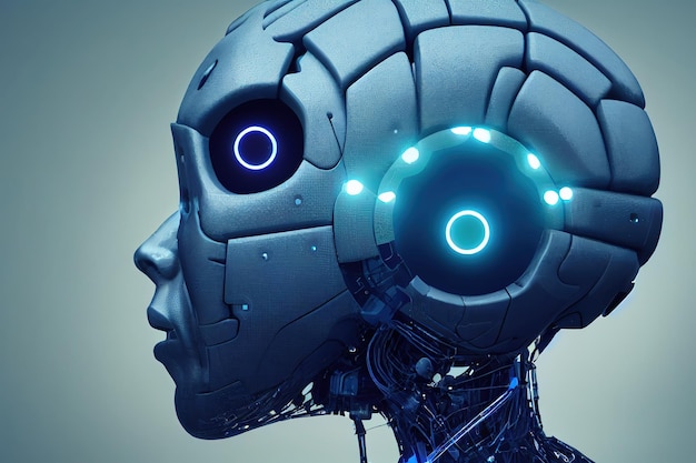Głowa robota ze świecącymi neonowymi wskaźnikami w kolorze jasnoszarym