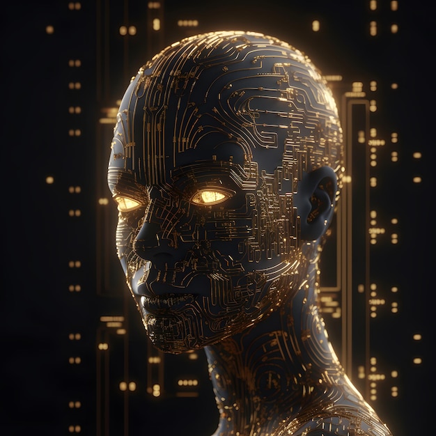 Głowa robota ze złotym i czarnym tłem oraz płytka drukowana pośrodku.