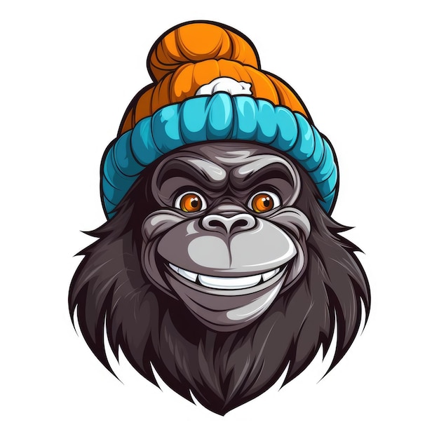Głowa szympansa w kapeluszu i szalu na białym tle