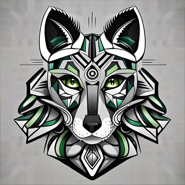 Głowa wilka z zielonymi oczami i geometrycznym wzorem.