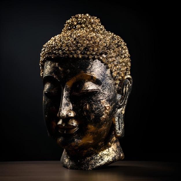 Głowa Złotego Buddy na czarnym tle Treść generowana przez sztuczną inteligencję