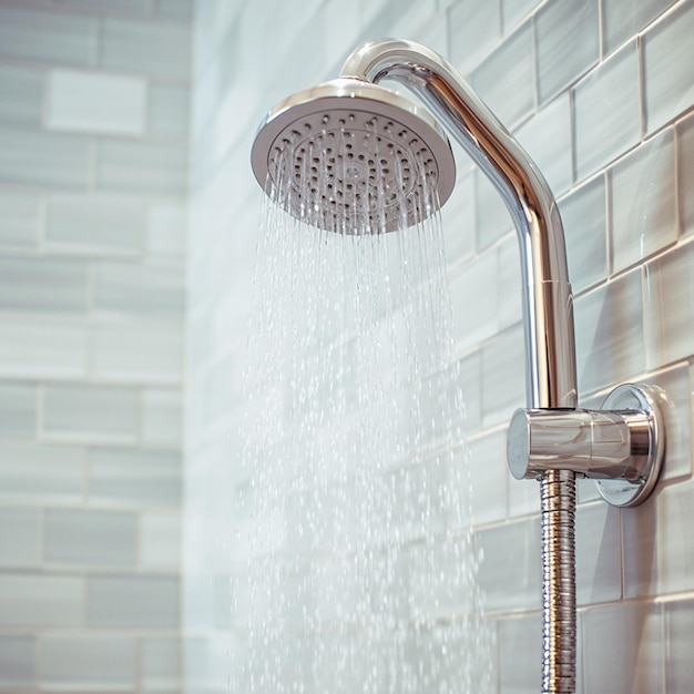Zdjęcie głowica prysznicowa w nowoczesnej łazience blisko gotowa do odświeżających pryszniców dla mediów społecznościowych