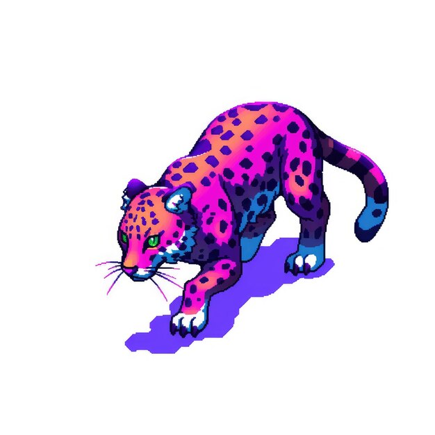 Glowing Ocelot Isometric Pixel Art Sprite w fluorescencyjnym pomarańczowym zielonym i fioletowym zainspirowany