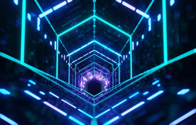 Glowing Techno Corridor Futuristic 3D Render z abstrakcyjnym projektem HighTech Cyber i Neon Elements