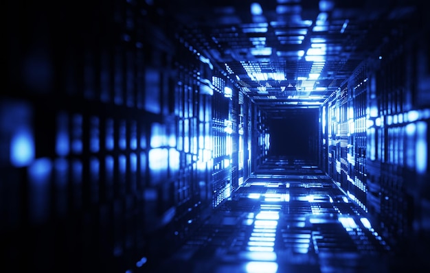 Glowing Techno Corridor Futuristic 3D Render z abstrakcyjnym projektem HighTech Cyber i Neon Elements
