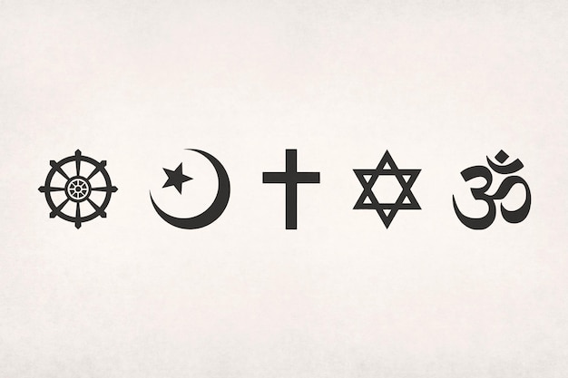 Główne symbole religijne Buddyzm Islam Chrześcijaństwo Judaizm i Hinduizm wydrukowane na papierze