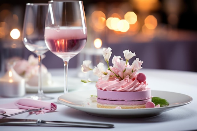 Główny deser restauracji wyróżnionej gwiazdką Michelin, zdjęcie jedzenia na talerzu o średnicy 85 mm w restauracji z bokeh głębi ostrości i kieliszkami do wina