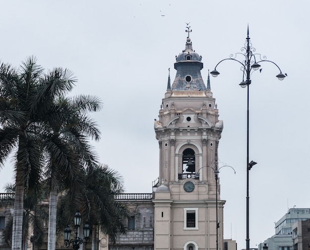 Główny plac w Limie pusty podczas pandemii, widok na katedrę w Limie, pałac arcybiskupi, palmy na głównym placu