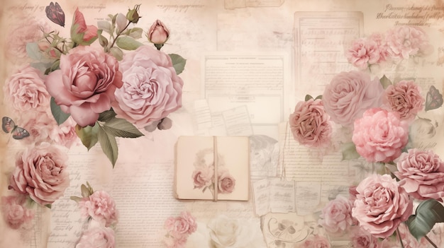 Głuchy różowy vintage retro scrapbooking papier tło z retro bukietami kwiatów