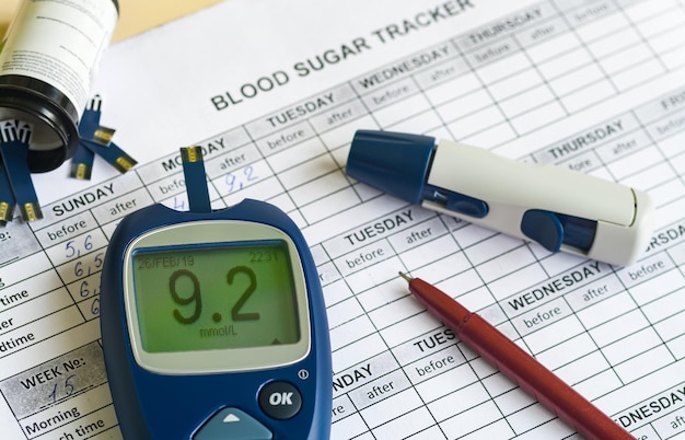 Zdjęcie glukometr i inne przyrządy do pomiaru poziomu glukozy na częściowo wypełnionym monitorze poziomu cukru we krwi