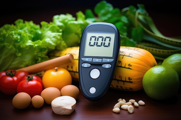 Zdjęcie glukometr z wynikiem pomiaru poziomu cukru w świeżych warzywach i owocach