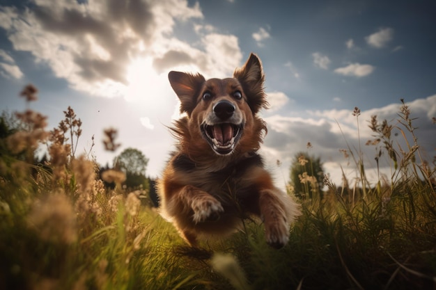Głupie i ujmujące zdjęcie psotnego psa w trakcie skoku w dziwacznym świecie Zdjęcie w wysokiej rozdzielczości przedstawiające figlarną psią osobowość