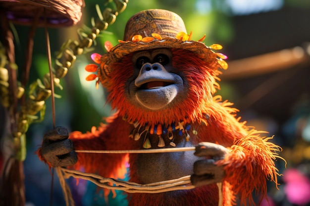 Głupkowaty orangutan w kapeluszu przeciwsłonecznym i okularach przeciwsłonecznych, bawiący się hula-hopem i szerokim uśmiechem
