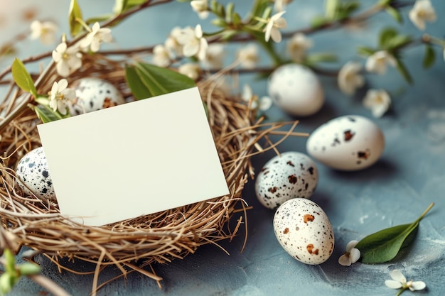 Zdjęcie gniazdo ptaka z jajkami i białą kartką