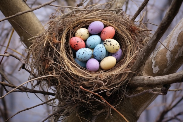 Gniazdo rzadkiego ptaka z kolorowymi jajami na gałęzi drzewa utworzone za pomocą generatywnej sztucznej inteligencji