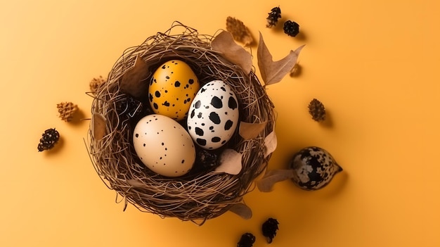 Gniazdo z jajkami i ptakiem na żółtym tle