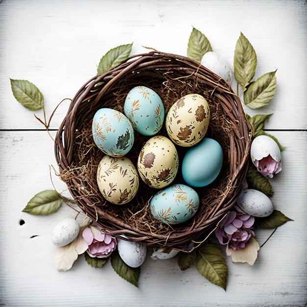 Gniazdo z niebieskimi i brązowymi jajkami i kwiatami na białym stole.