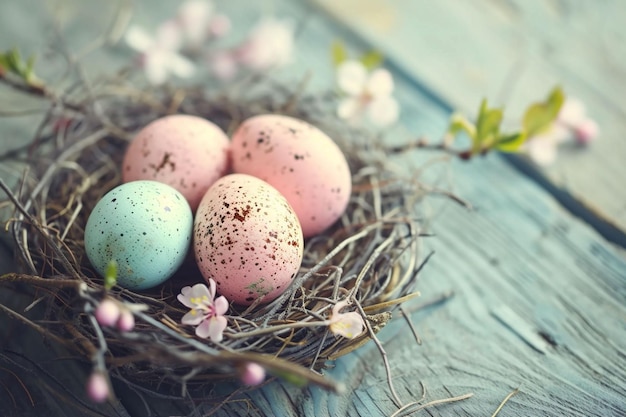 Gniazdo z pastelowymi jajkami leży na przebranej niebieskiej powierzchni drewnianej otoczonej wiosennymi kwiatami Idealne dla wiosennych treści redakcyjnych lub świątecznych pomysłów na projekty DIY.