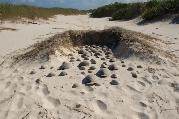 Zdjęcie gniazdo żółwia morskiego z jajami i młode widoczne otoczone piaskiem stworzonym za pomocą generatywnych ai