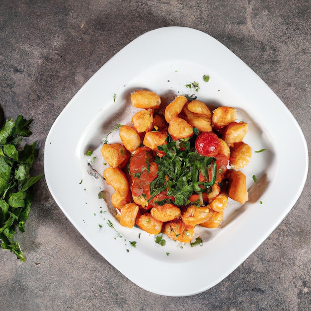 Gnocchi W Sosie Sugo Z Odrobiną Pietruszki Podane W Białym Talerzu Na Palonym Cementowym Stole Z Kawałkami Pomidora I Pietruszki Rozsypanymi Na Stole Widok Z Góry