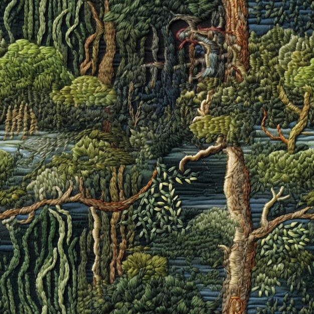 Gobelin przedstawiający drzewa i krzewy z napisem „rzeka”.