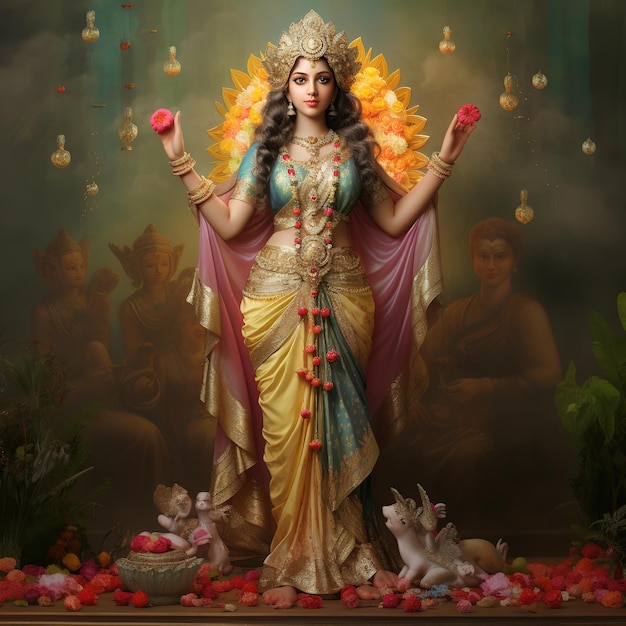 Goddess Lakshmi Greetings Card Design dla Festiwalu Światła o nazwie Diwal Generative Ai