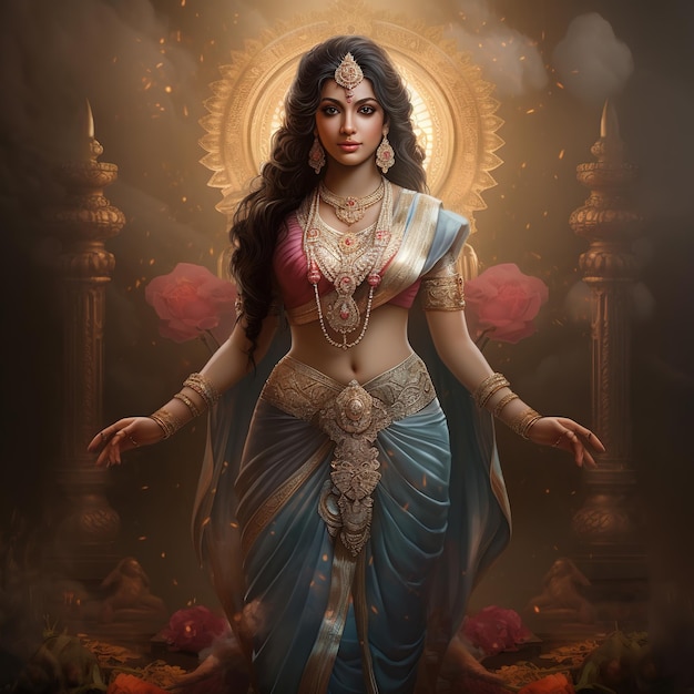 Goddess Lakshmi Greetings Card Design dla Festiwalu Światła o nazwie Diwal Generative Ai