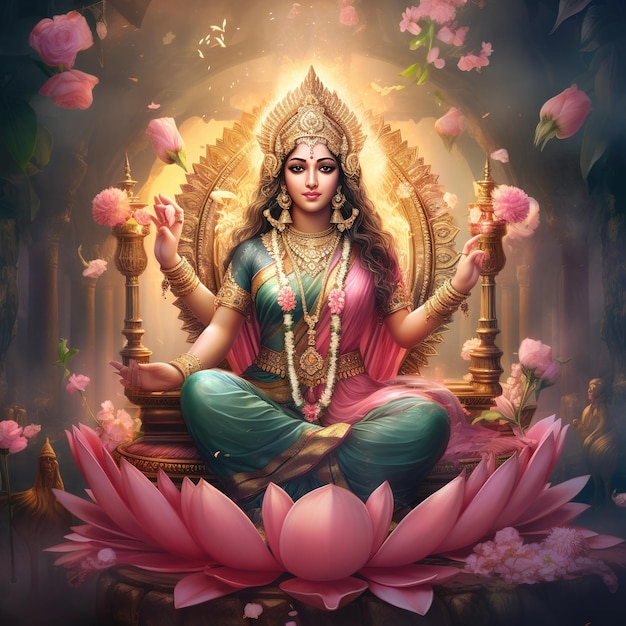 Goddess Lakshmi Greetings Card Design dla Festiwalu Światła o nazwie Diwal Generative Ai