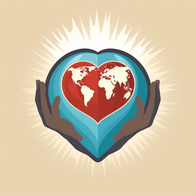 Zdjęcie godło logo w kształcie serca organizacji humanitarnej z pomocnymi dłońmi i kulą ziemską