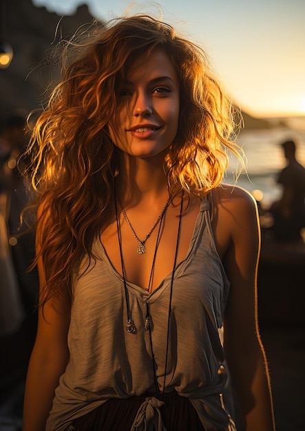 godzina kobieta długie włosy stały plażowy zachód słońca kolczasty czerwony idealny twarz krzaczaste brązowe kręcone krótki top