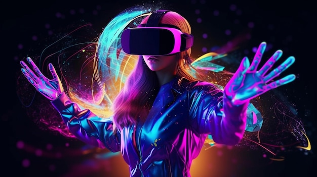 Gogle wirtualnej rzeczywistości noszone przez kobietę Przyszła technologia cyfrowa Generative AI to metaverse i koncepcja gier